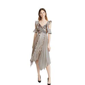 Self-Portrait Cut-Out Pleated Striped Satin Asymmetric Midi Dress US 4 UK 8